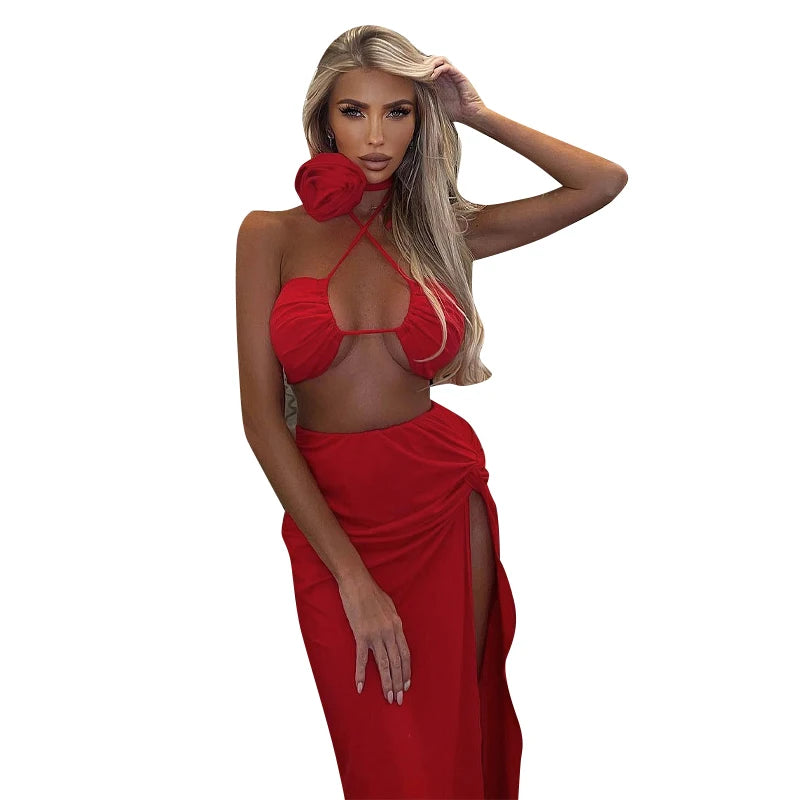 Applique Sexy Y2K Clothes 2 Pieces Sleeveless Backless Halter Crop Top Side Slit Bodycon Maxi Skirt Matching Set Club