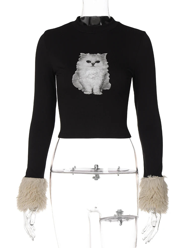 Print Cat Ribbed Artificial Fur T-Shirt