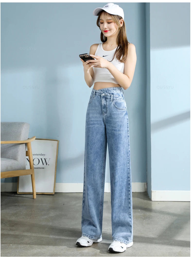 High-Quality Cotton Jeans Women Wide Leg Denim Pants Femme Black Blue Streetwear Baggy Straight Design Waist Trousers