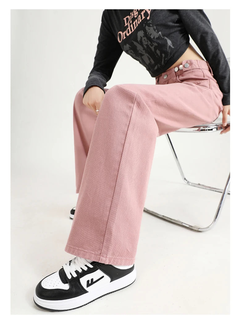 Women Straight  Jeans Adjust Elastic High Waist Vintage Denim Pants Leisure Streetwear  Fashion Loose Wide Leg Trousers