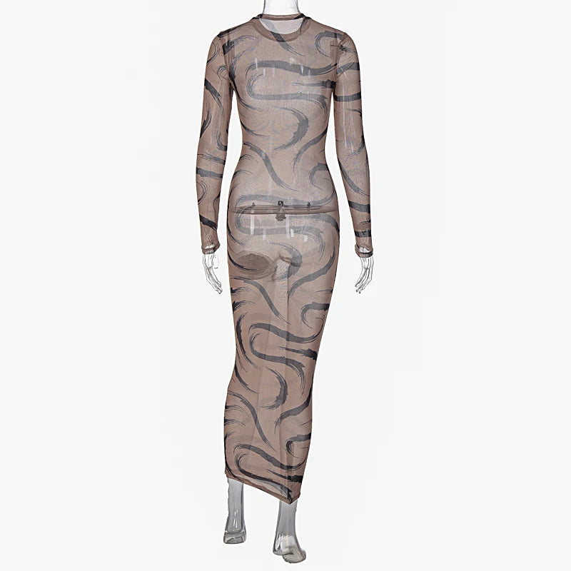 Spring Mesh See-Through Sexy Y2K Clothes Long Sleeve Midi Dresses