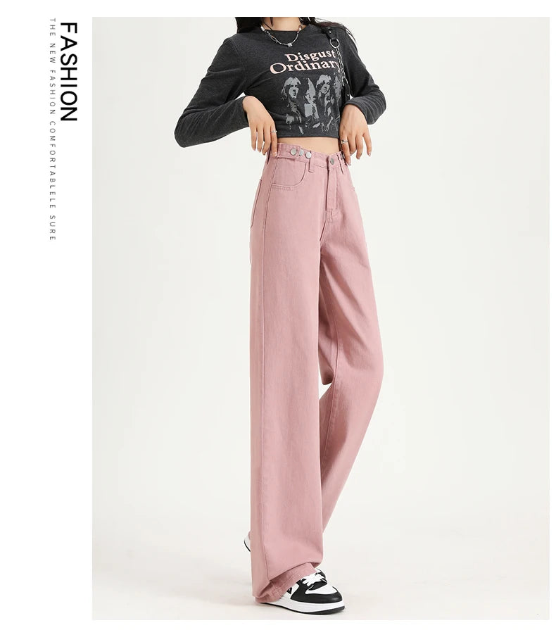 Women Straight  Jeans Adjust Elastic High Waist Vintage Denim Pants Leisure Streetwear  Fashion Loose Wide Leg Trousers