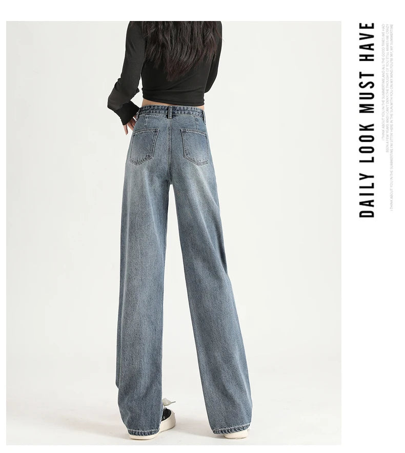 Women Straight  Jeans Adjust Elastic High Waist Vintage Denim Pants Leisure Streetwear  Fashion Loose Wide Leg Trousers