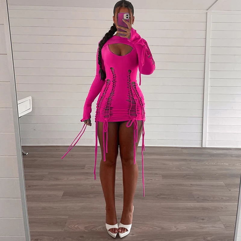 Bandage Ruched Neon Y2K Clothes Hollow Out 2 Pieces Long Sleeve Backless Mini Dresses