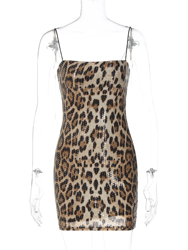 Leopard Print Spaghetti Shoulder Strap Square Collar Mini Dress