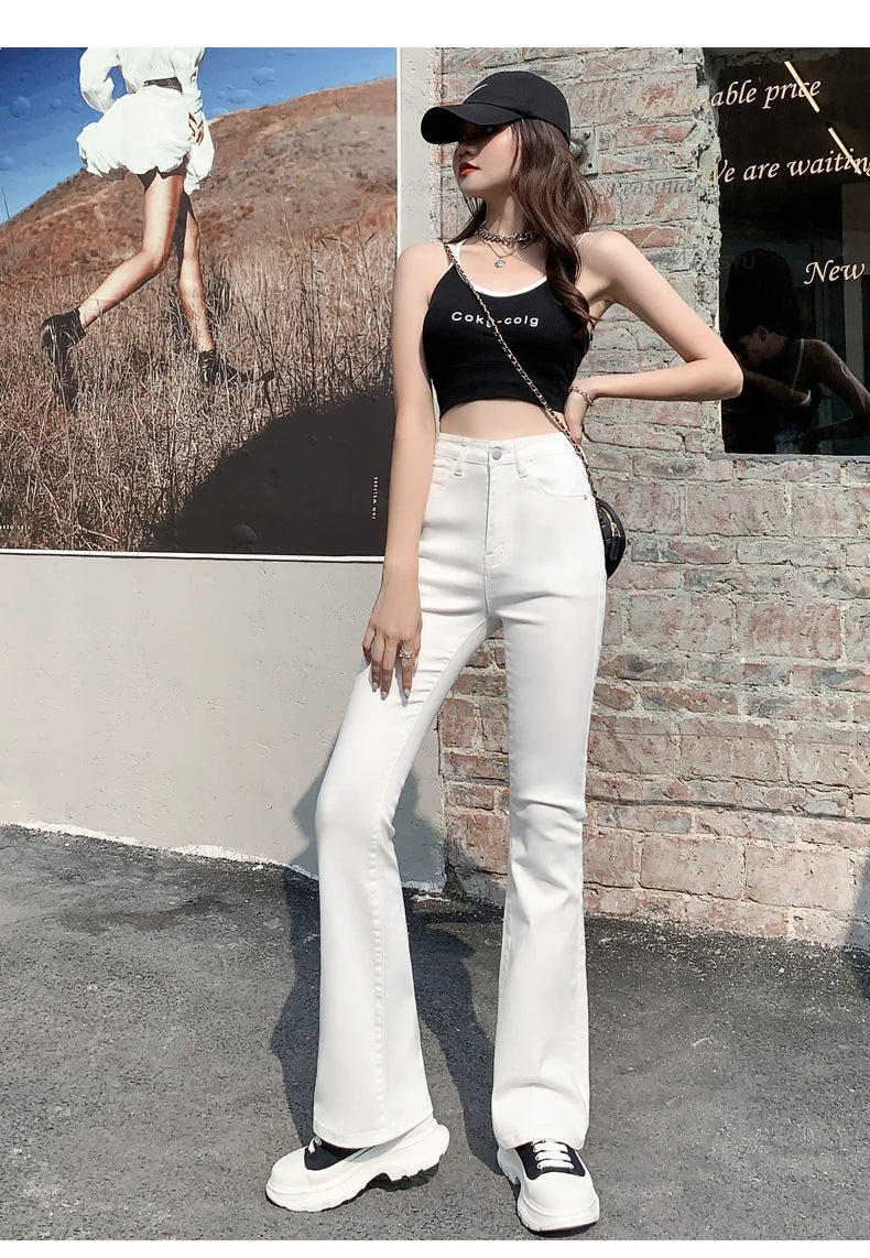 Women Flared Jeans High Waist Cotton Stretch  Wide Leg Denim Casual Pants White Blue Skinny Trousers