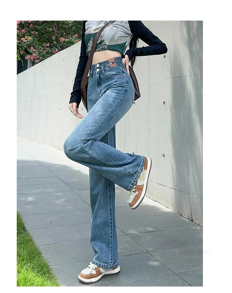 Woman Jeans High Waist Straight Wide Leg Cotton Denim Clothing Blue Streetwear Vintage Fashion  Trousers