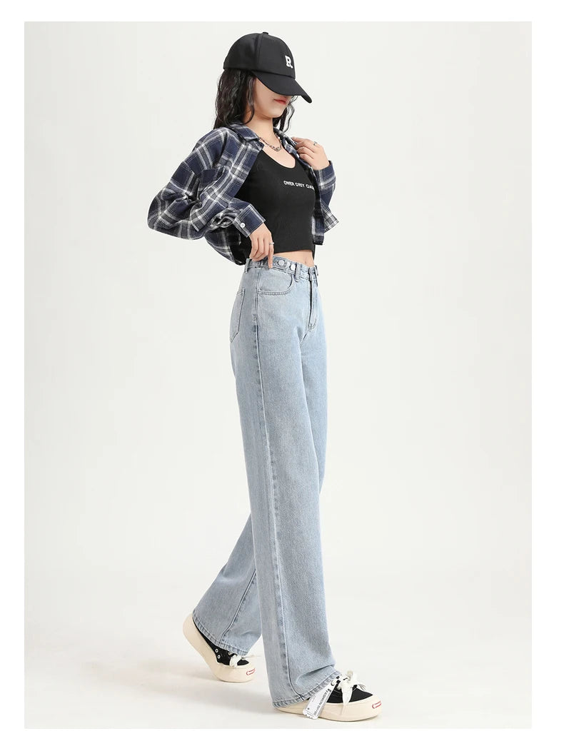 Women Straight  Jeans Adjust Elastic High Waist Vintage Denim Pants Leisure Streetwear  Fashion Loose Wide Leg Trousers