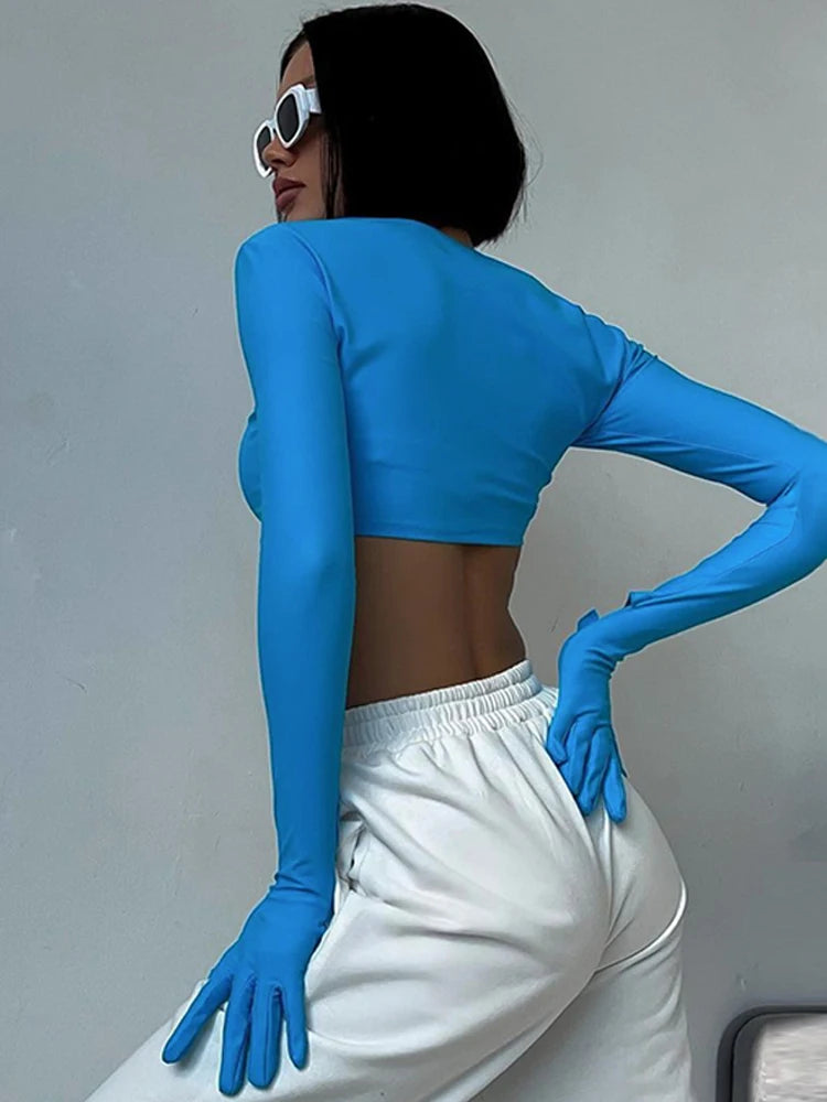 Cotton T-Shirt Crop Top Long Sleeve With Gloves 2023