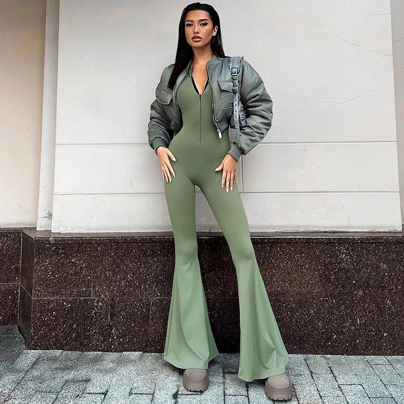 Zipper Half Turtleneck Jumpsuit Long Sleeves Bell-Bottomed Pants Autumn Women Clothing Sexy Body-Shaping Clubwear