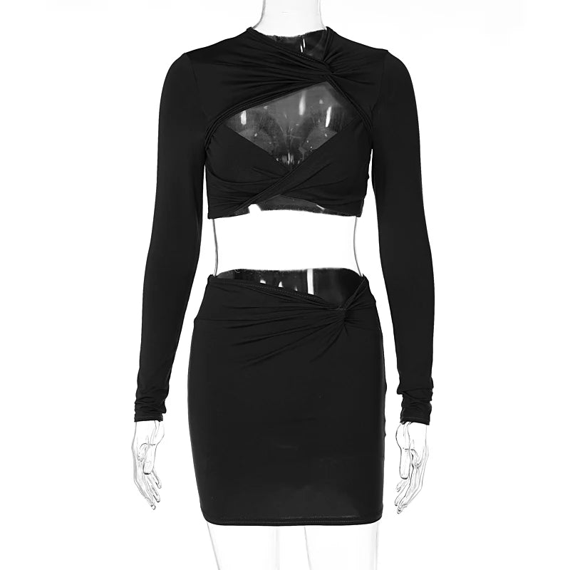 Women Sexy Y2K Clothes 2 Piece Set Hollow Out Long Sleeve Crop Top High Waist Mini Skirts Matching Suit Club Streetwear