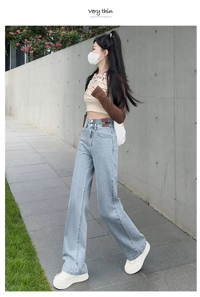 Woman Jeans High Waist Straight Wide Leg Cotton Denim Clothing Blue Streetwear Vintage Fashion  Trousers