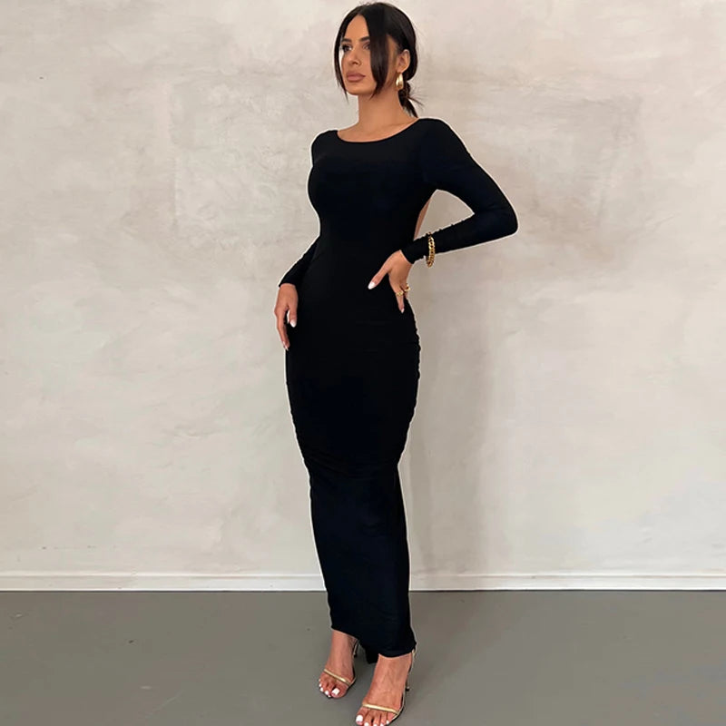 Ruched Y2K Clothes Long Sleeve Backless Midi Dresses