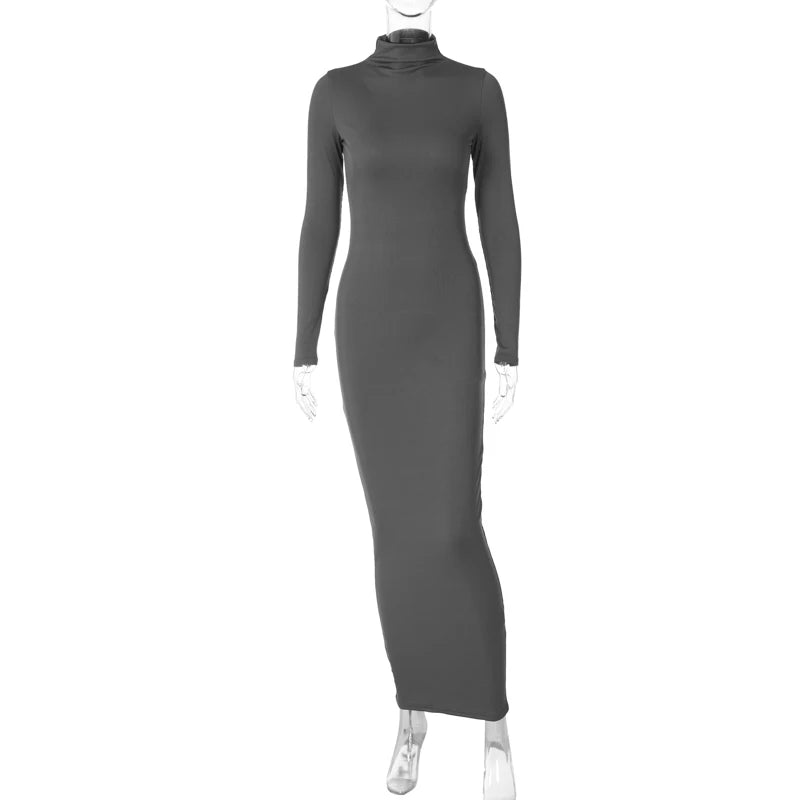 Solid Ribbed Sexy High Neck Long Sleeve Maxi Dress