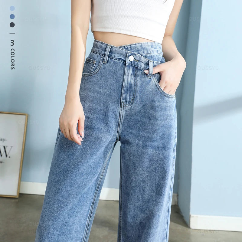 High-Quality Cotton Jeans Women Wide Leg Denim Pants Femme Black Blue Streetwear Baggy Straight Design Waist Trousers