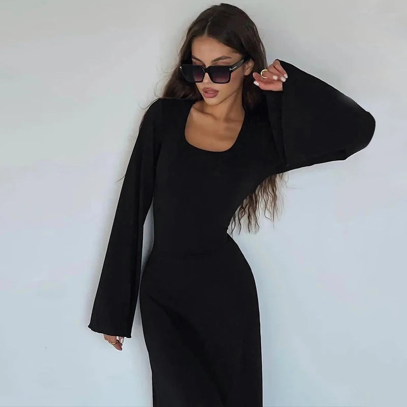 Solid Ribbed Trumpet Sleeves Maxi Dress