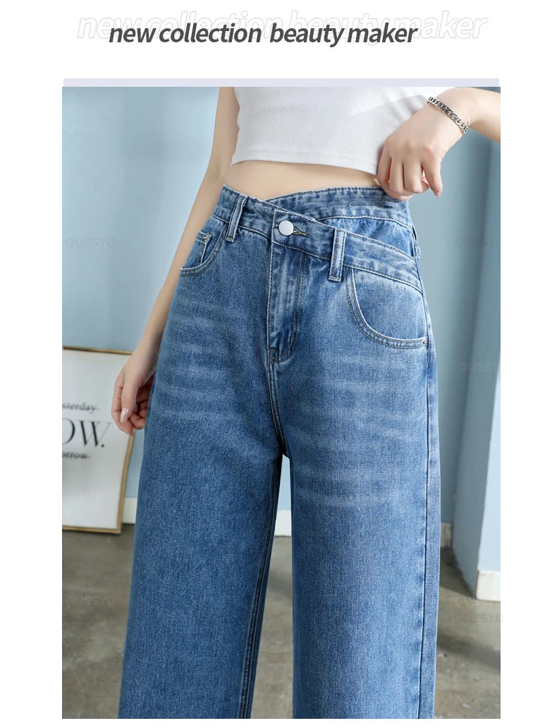 High-Quality Cotton Jeans Women Wide Leg Denim Pants Femme Black Blue Streetwear Baggy Straight Design Waist Trousers