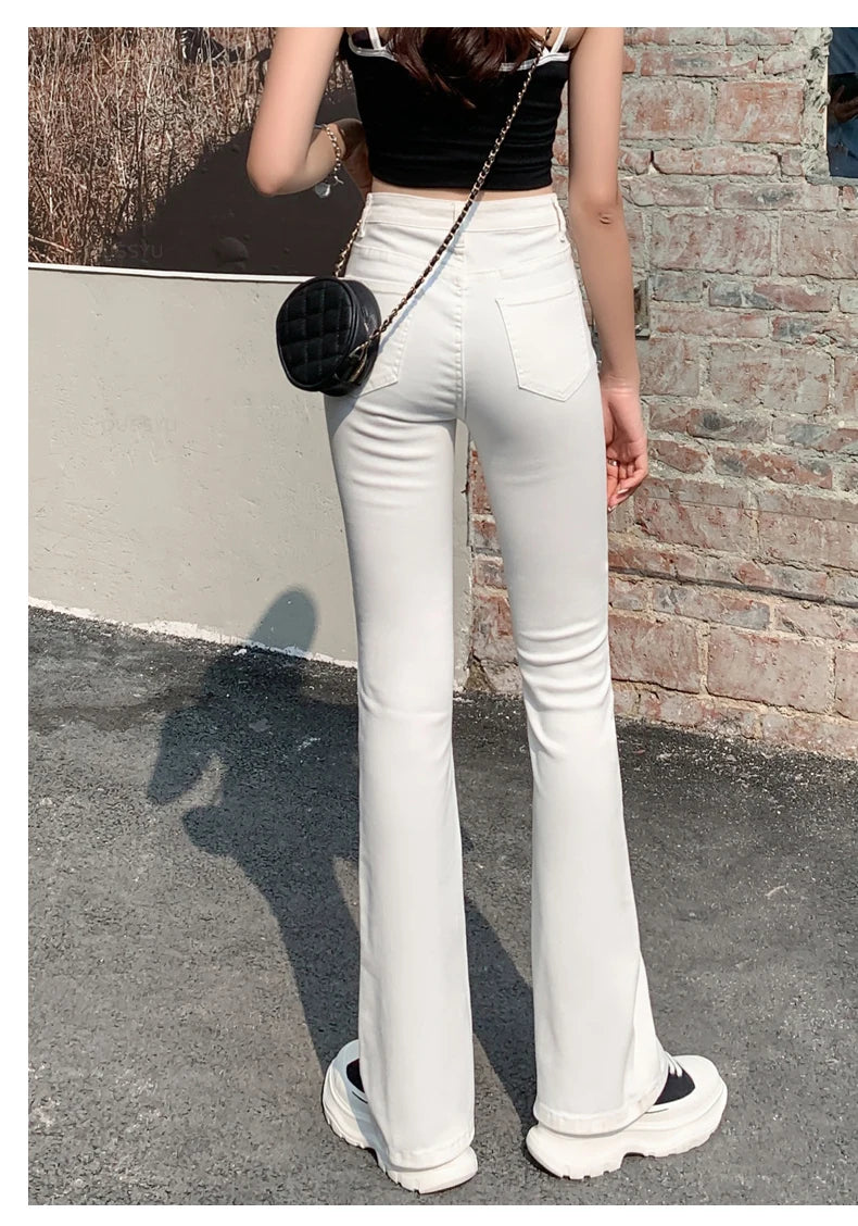 Women Flared Jeans High Waist Cotton Stretch  Wide Leg Denim Casual Pants White Blue Skinny Trousers