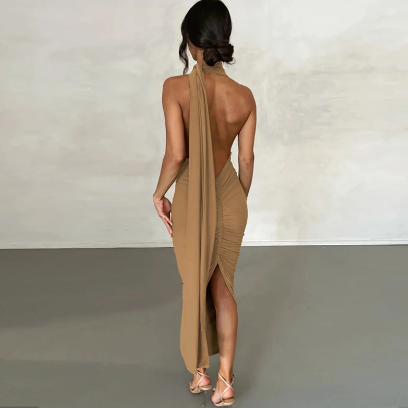 Solid V Neck Backless Ruched Bandage Sleeveless Maxi Dress