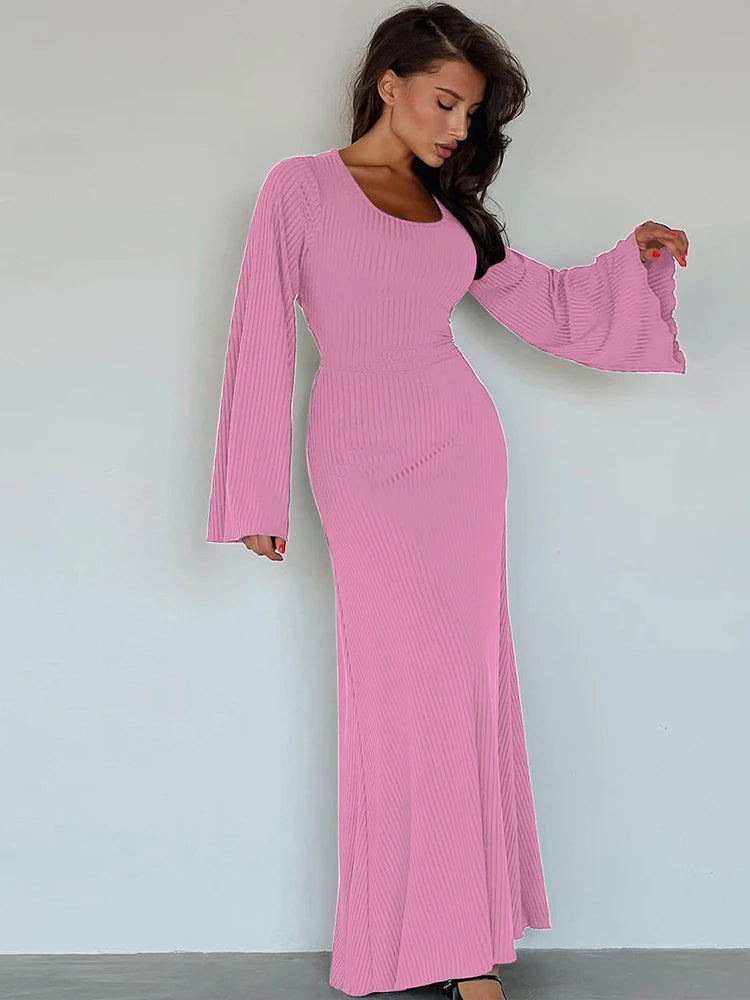 Solid Ribbed Trumpet Sleeves Maxi Dress