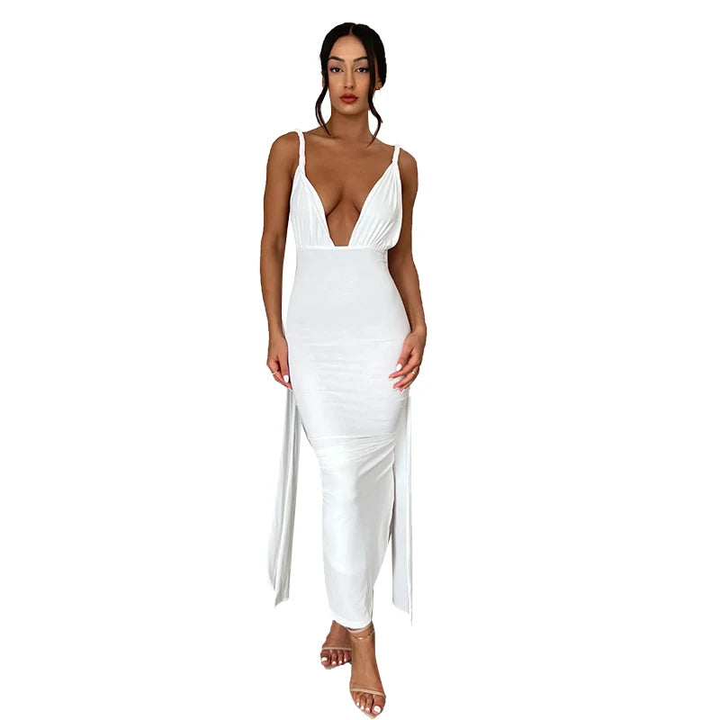 Solid V Neck Backless Ruched Bandage Sleeveless Maxi Dress