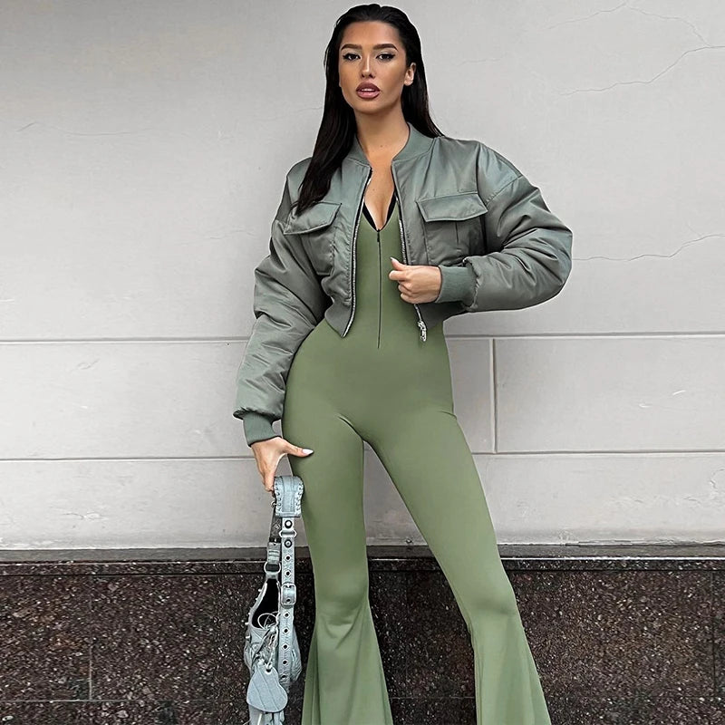 Zipper Half Turtleneck Jumpsuit Long Sleeves Bell-Bottomed Pants Autumn Women Clothing Sexy Body-Shaping Clubwear