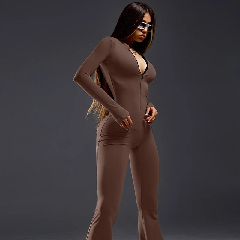 Zipper Half Turtleneck Jumpsuit Long Sleeves Bell-Bottomed Pants Autumn Women Clothing Sexy Body-Shaping Clubwear