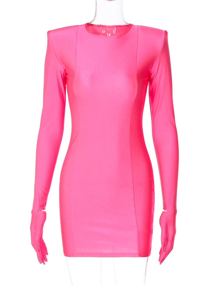 Solid Shoulder Pad Long Sleeve With Gloves Mini Dress