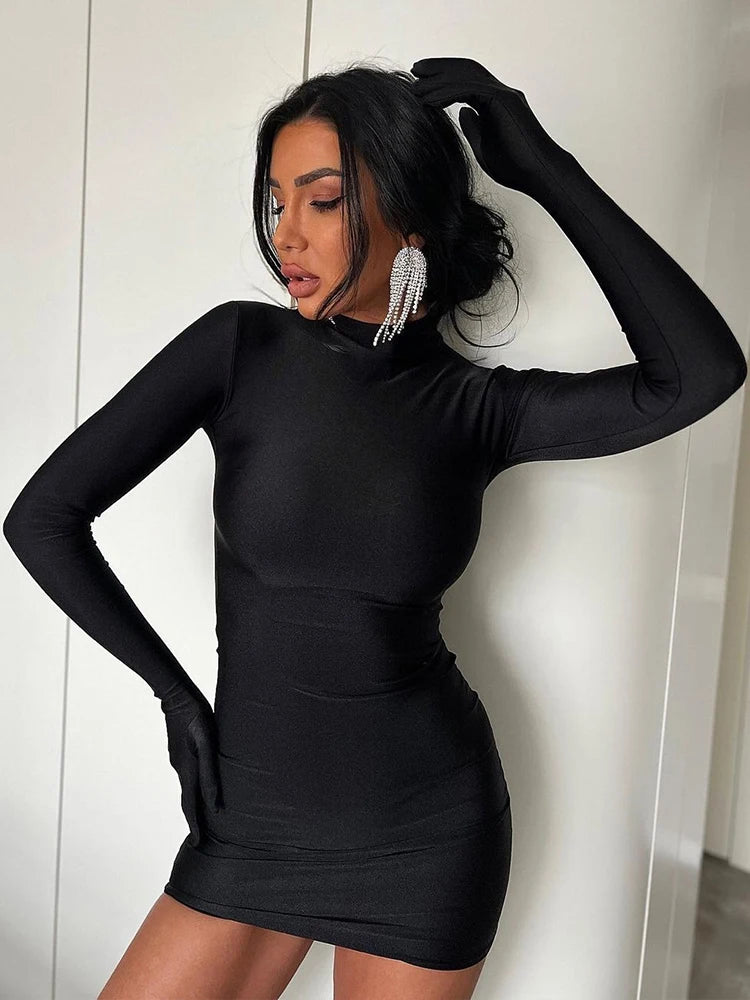 Solid Long Sleeve With Gloves Mini Dress