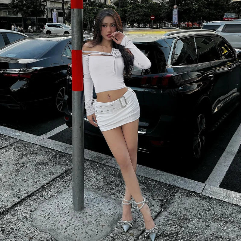 Metal Belt Solid Pure Clothing Clubwear Mini Skirt