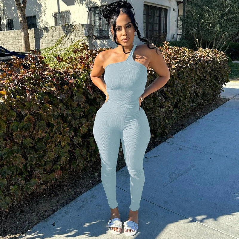 Autumn Ribbed Sexy Y2K Clothes One Shoulder Sleeveless Backless Bodycon Skinny Jumpsuit For Women Club Streetwear Romper