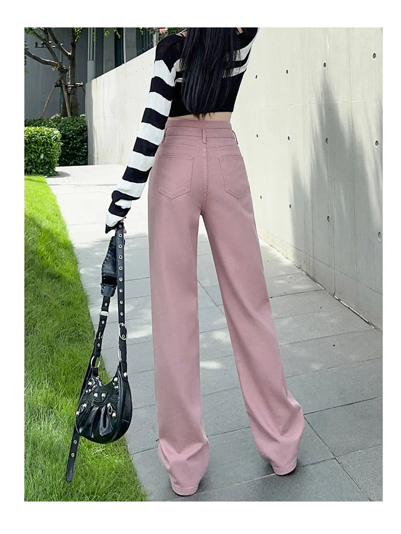 Woman Jeans High Waist Straight Wide Leg Cotton Denim Clothing Blue Streetwear Vintage Fashion  Trousers