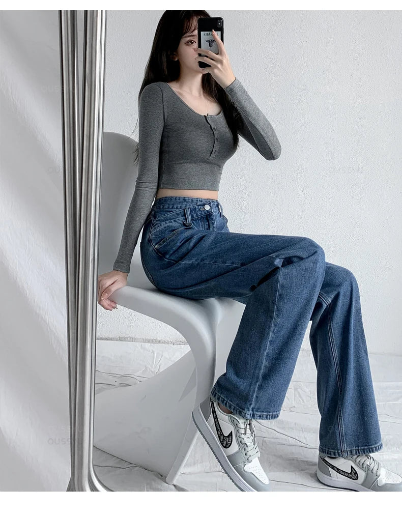 Jeans Women Wide Leg Pants Mom Femme Black Blue Jean High Waist Woman Trousers Brand Clothing