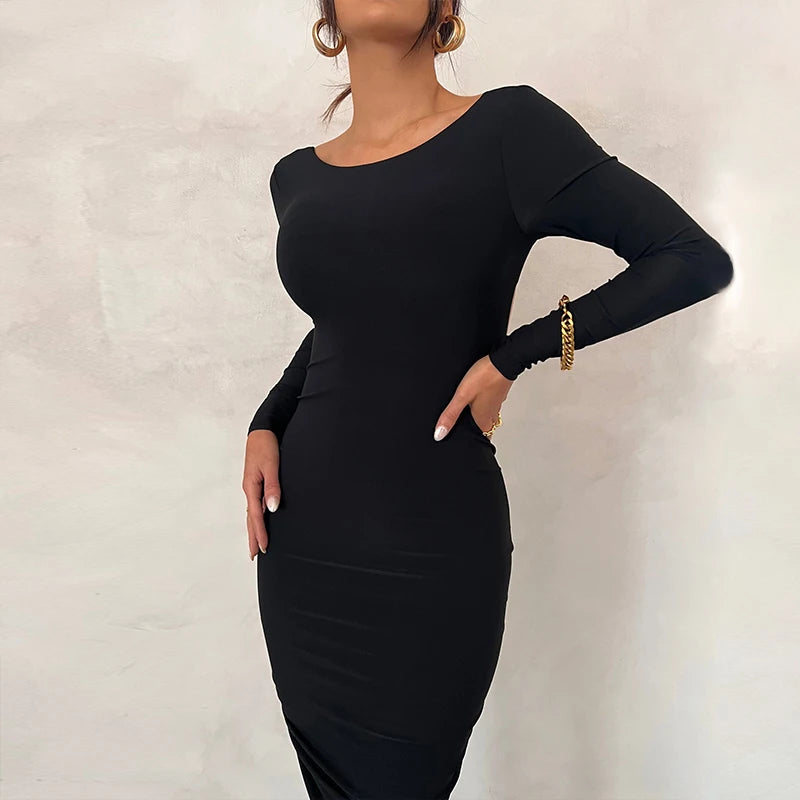 Ruched Y2K Clothes Long Sleeve Backless Midi Dresses