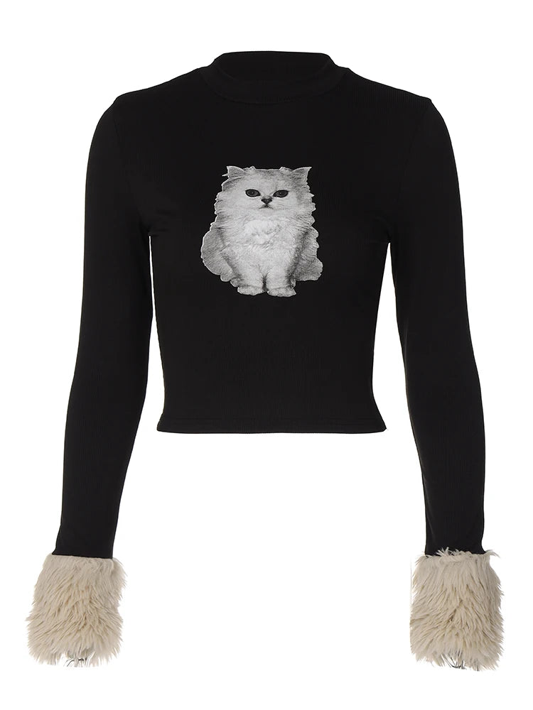 Print Cat Ribbed Artificial Fur T-Shirt