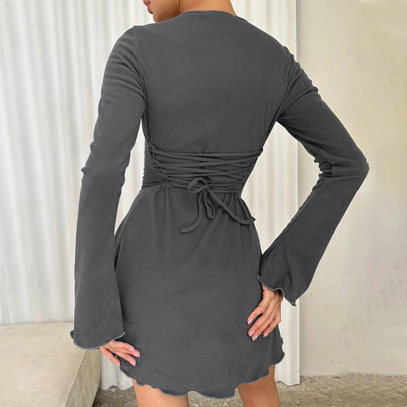 Back Straps Trumpet Sleeves Mini Dress