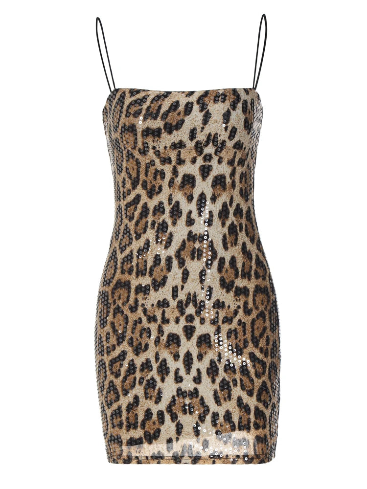 Leopard Print Spaghetti Shoulder Strap Square Collar Mini Dress