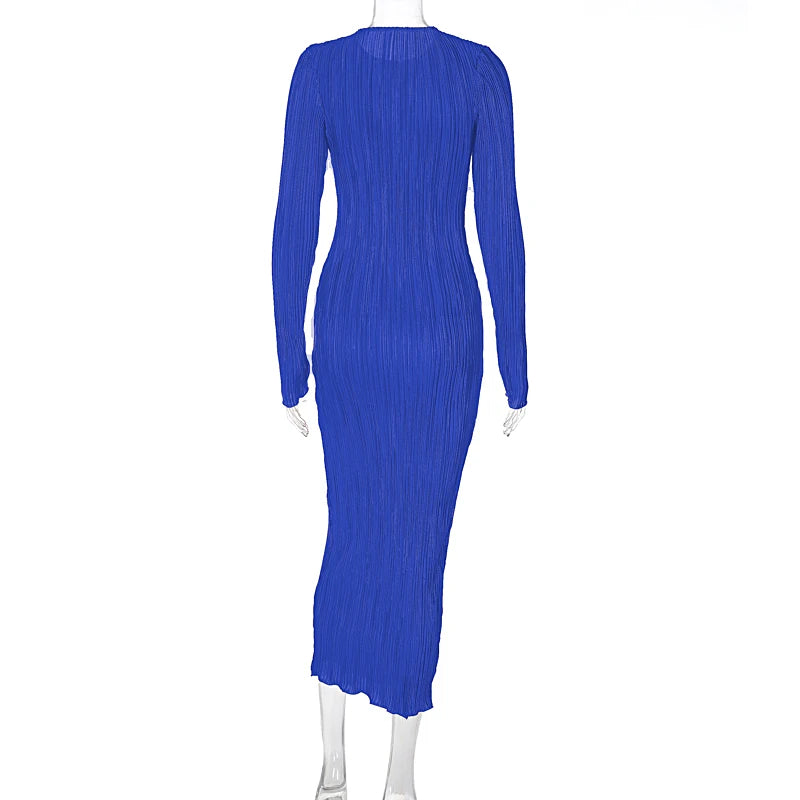 Striped Ruched Ruffle Sexy Y2K Clothes Long Sleeve Midi Dresses