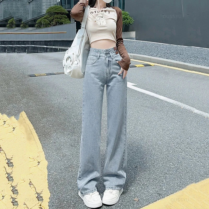 Woman Jeans High Waist Straight Wide Leg Cotton Denim Clothing Blue Streetwear Vintage Fashion  Trousers