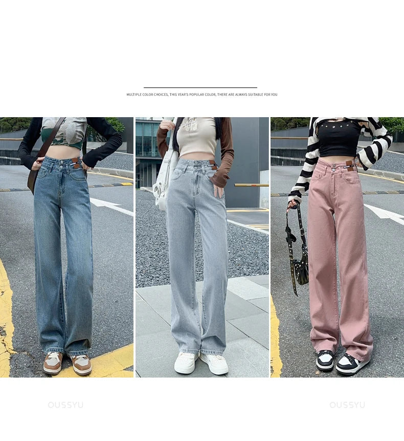 Woman Jeans High Waist Straight Wide Leg Cotton Denim Clothing Blue Streetwear Vintage Fashion  Trousers