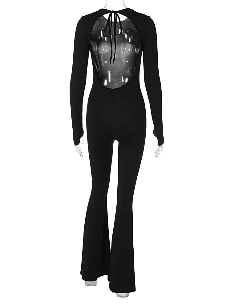 Straps Backless Jumpsuit Long Sleeves Bell-Bottomed Pants  Winter Clothing Sexy Body-Shaping Clubwear Birthday Party