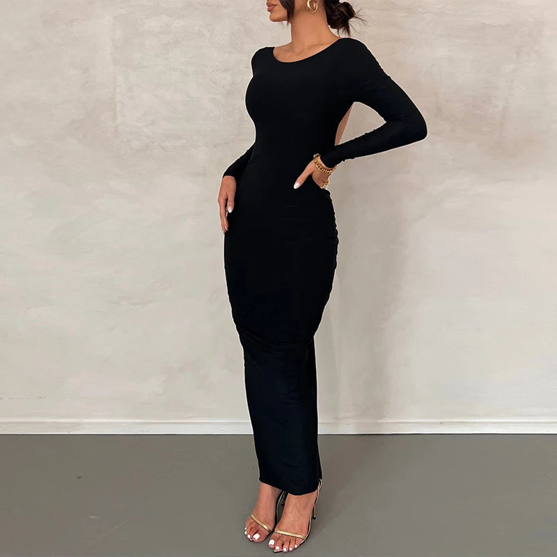 Ruched Y2K Clothes Long Sleeve Backless Midi Dresses