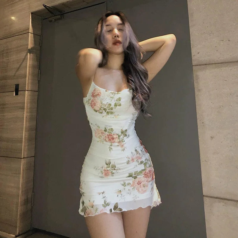 Floral Print Women Mesh Strap Mini Dress