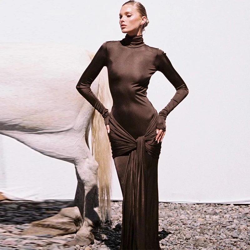 Solid Pure Color Turtleneck Tassels Long Sleeves Maxi Dress