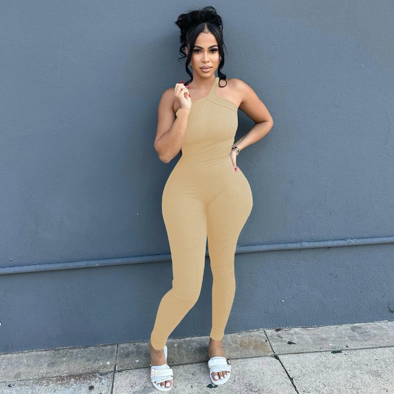 Autumn Ribbed Sexy Y2K Clothes One Shoulder Sleeveless Backless Bodycon Skinny Jumpsuit For Women Club Streetwear Romper