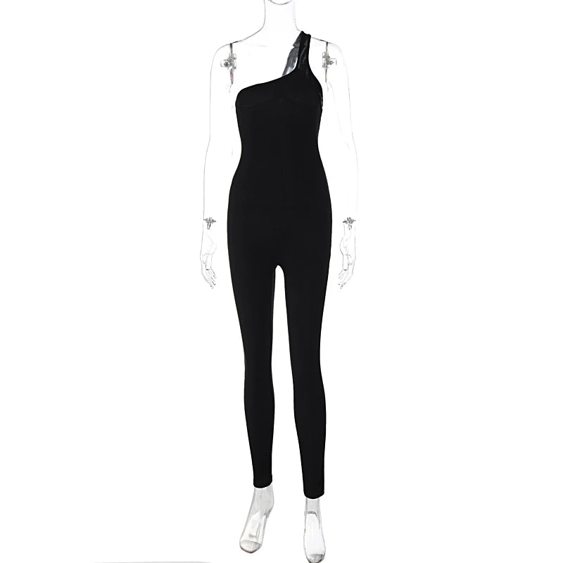 Autumn Ribbed Sexy Y2K Clothes One Shoulder Sleeveless Backless Bodycon Skinny Jumpsuit For Women Club Streetwear Romper