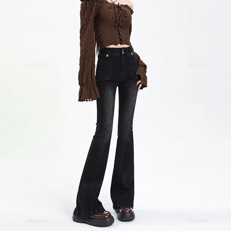 Flared Jeans Woman Vintage High Waist Women Slim Stretch Denim Tight Pant  Street Style Casual Trousers Plus Length