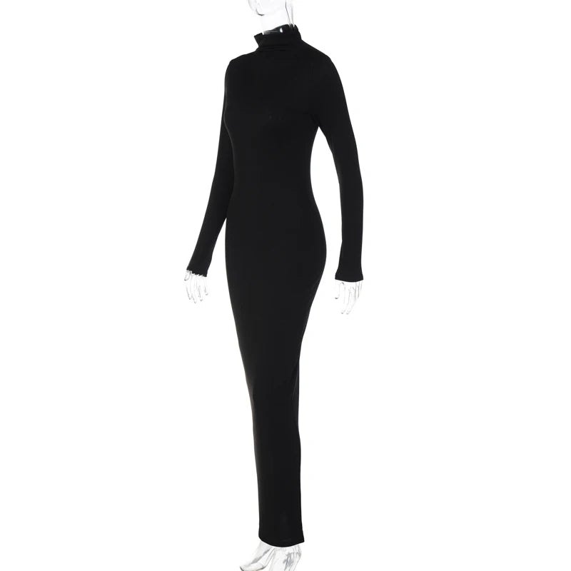 Solid Ribbed Sexy High Neck Long Sleeve Maxi Dress