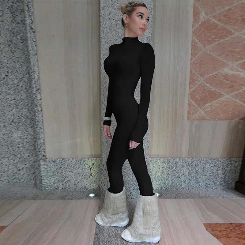 Jumpsuit Half Turtleneck Solid Zipper Autumn Women's Outfits Sexy Streetwear Birthday Party