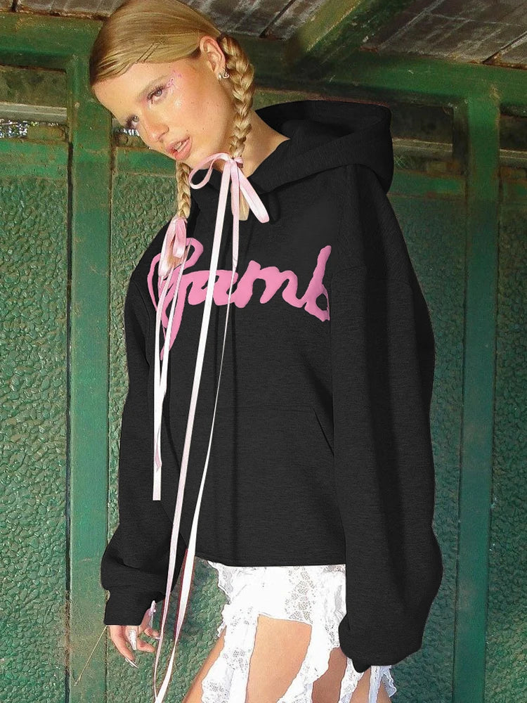 Casual Hooded Elastic Strap Letters Print Sweatshirt